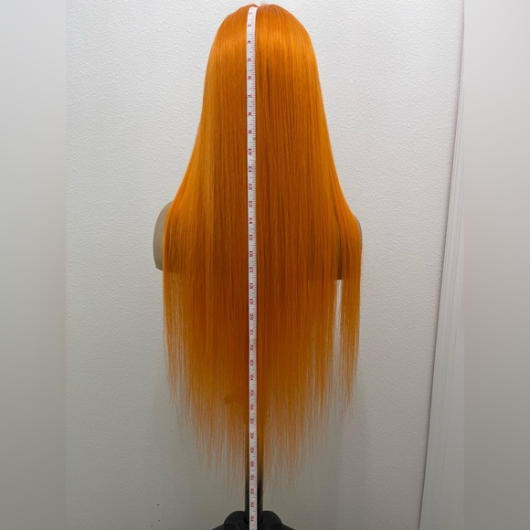 24” Orange Straight Human Hair, Transparent Lace Front Wig - Picture 7 of 12